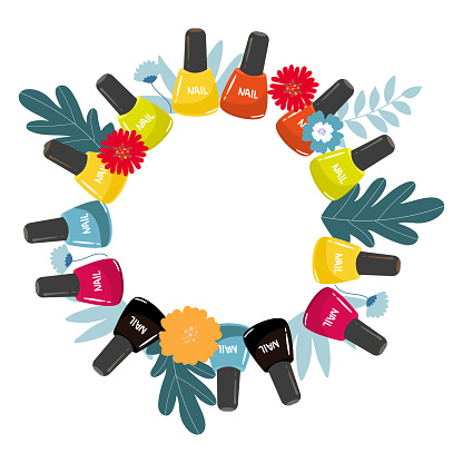 colorful nail polish bottles in circle frame. nail polish splash