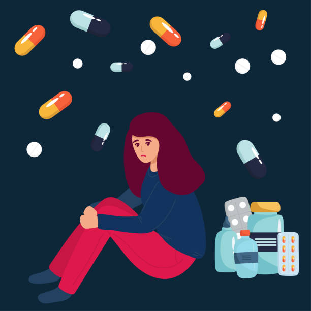 巨大な錠剤の平らなベクターイラストに座っている麻薬中毒の女の子。うつ病の女性、ホルモン剤を服用している。うつ病、抗うつ薬のコンセプト - prozac点のイラスト素材／クリップアート素材／マンガ素材／アイコン素材