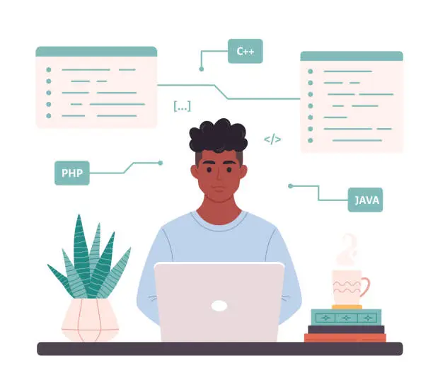 Vector illustration of Black man working on laptop. IT developer. Programming code. Freelance, remote working, programming. Vector illustration in flat style