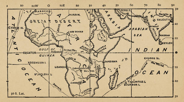 karte von afrika mit charles darwins weltreise auf der hms beagle, teil 2 von 3 tropic zone connecting maps - 19. jahrhundert - charles darwin engraved image old fashioned etching stock-grafiken, -clipart, -cartoons und -symbole