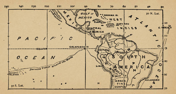 karte von südamerika mit charles darwins weltreise auf der hms beagle, teil 1 von 3 verbindungskarten der tropischen zone - 19. jahrhundert - charles darwin engraved image old fashioned etching stock-grafiken, -clipart, -cartoons und -symbole