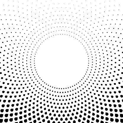 Drops in circular pattern around copy space. Radial and vertical size gradient.