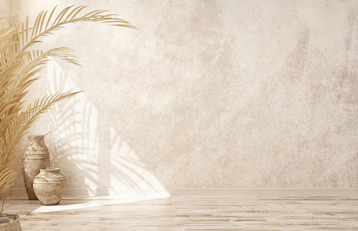 Empty room interior background, blank beige stucco wall, vases and palm leaf,  3d rendering