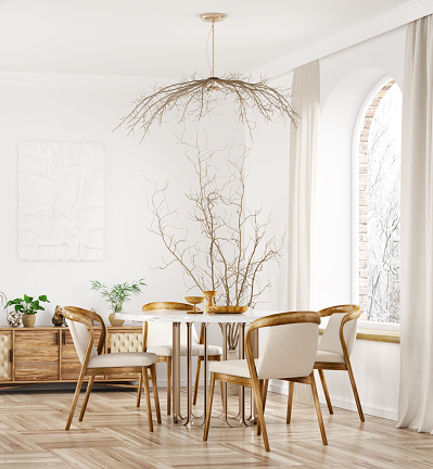 Interior design of modern dining room or living room, marble table and wooden chairs. Wooden sideboard over white wall. Scandinavian home interior with arch window. 3d rendering