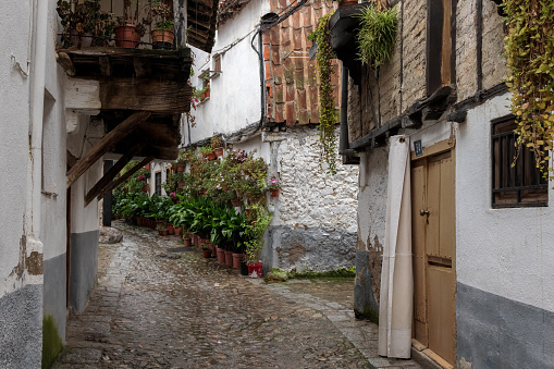 Hervas, Spain - January 8, 2023:  Typical street in the old Jewish quarter of Hervas. Extremadura. Spain.