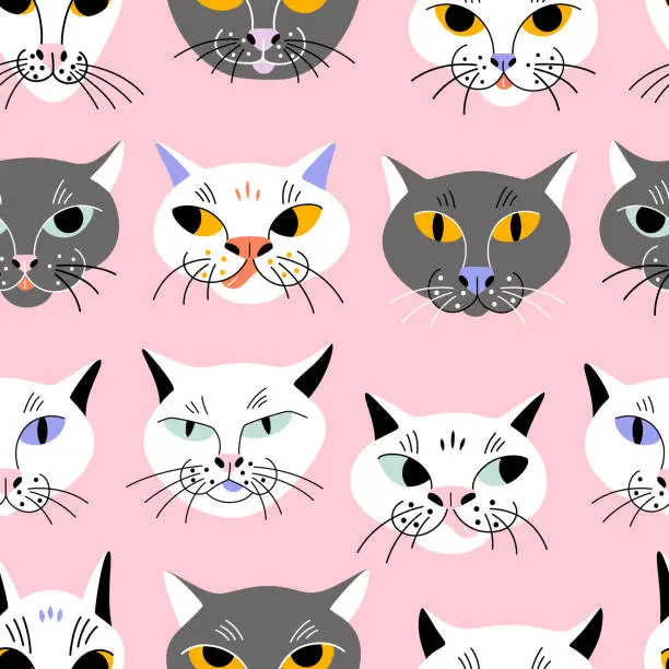 Vector illustration of Funny cat faces with different emotions on a pink background. Vector seamless pattern with animal heads for fabric or wrapping paper.