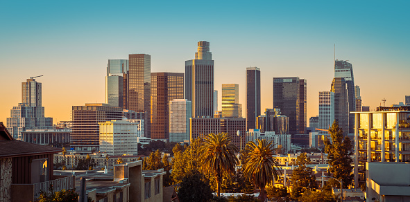 the skyline of los angeles during sunset