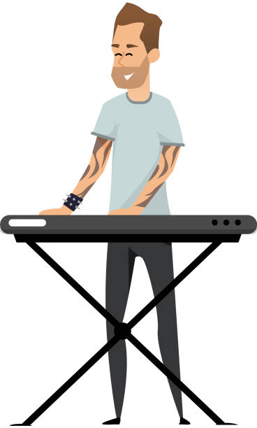 stockillustraties, clipart, cartoons en iconen met pianist character musician in casual clothes playing musical composition on keyboard on stage - toetsenist