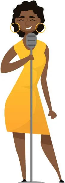 Vector illustration of Young beautiful girl sings song into microphone standing, presenter running show
