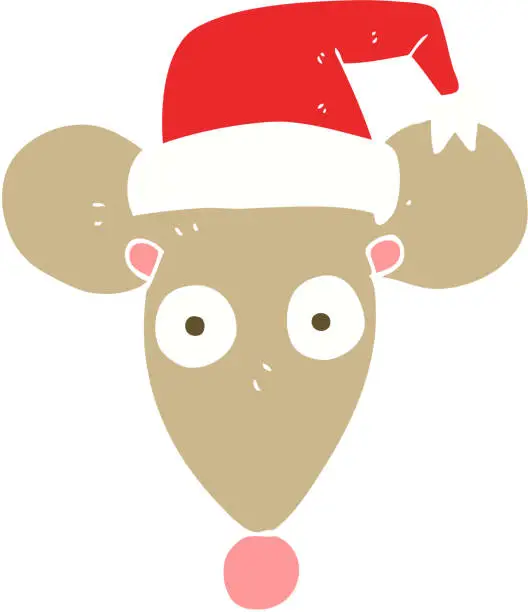 Vector illustration of flat color illustration of mouse in christmas hat