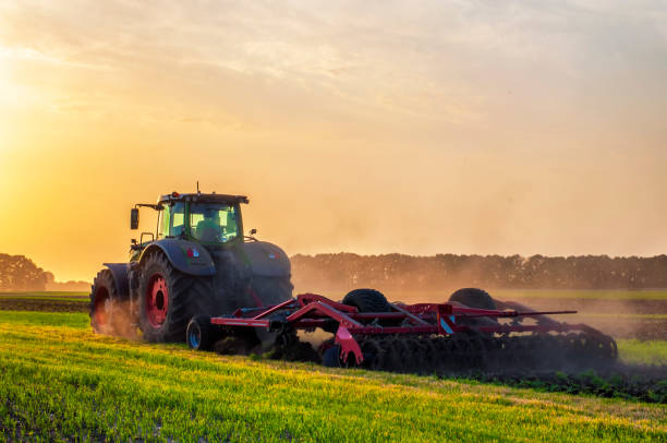 istock tractor in the field under sunset light, tillage in spring 1455575654