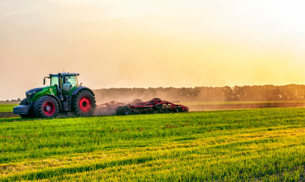 istock a tractor in a field under the sunlight of dawn plows a field 1455575683