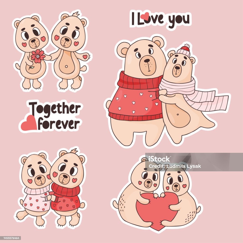 Set Stickers Cool Teddy Bear Cute Couple Bears In Love With Heart ...