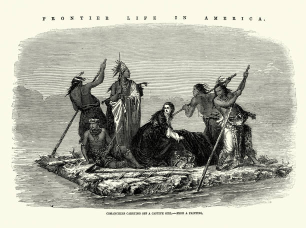 Frontier life in the American Wild West, comanches abducting a woman, 1850s, Victorian 19th Century Vintage illustration Frontier life in the American Wild West, comanches abducting a woman, 1850s, Victorian 19th Century comanche indians stock illustrations