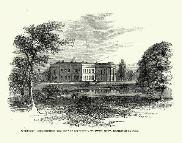 ilustraciones, imágenes clip art, dibujos animados e iconos de stock de wynnstay, casa de campo inglesa, ruabon, wrexham, destruida por un incendio en 1858, siglo 19 victoriano - wrexham