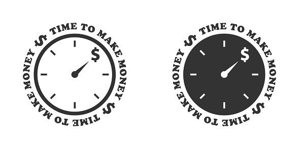 Time to make money icon. Clock face with dollar sign and text around. Vector illustration