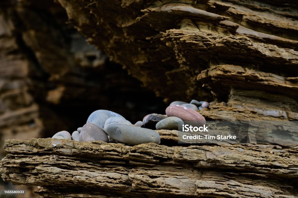 River pebbles on eroded sandstone in the cliffs of the Scottish coast Scotland, North East Coast, Dunbeath Abstract Stock Photo