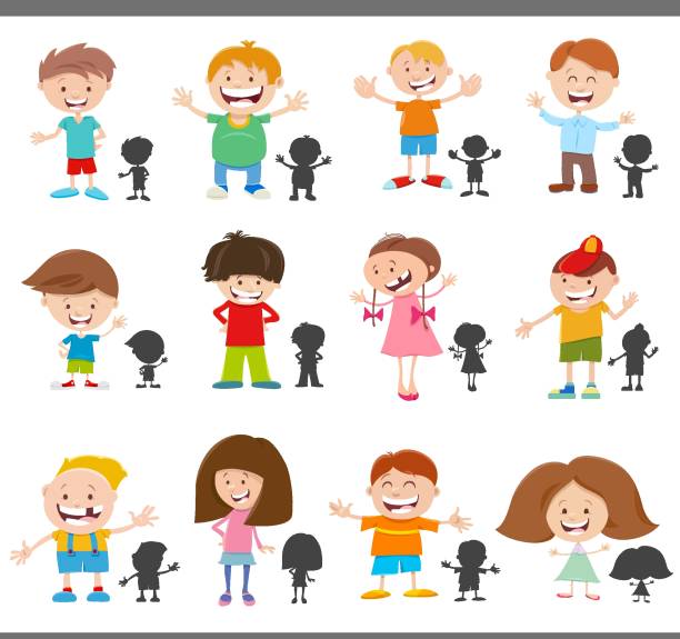 cartoon happy children characters with silhouettes set Cartoon illustration of happy children comic characters with silhouettes set drawing of the boy girl shadow stock illustrations