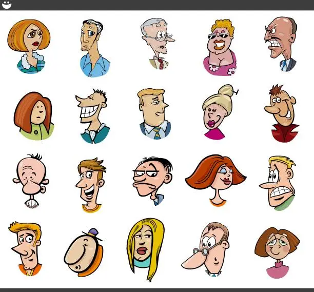 Vector illustration of cartoon people characters faces and moods set