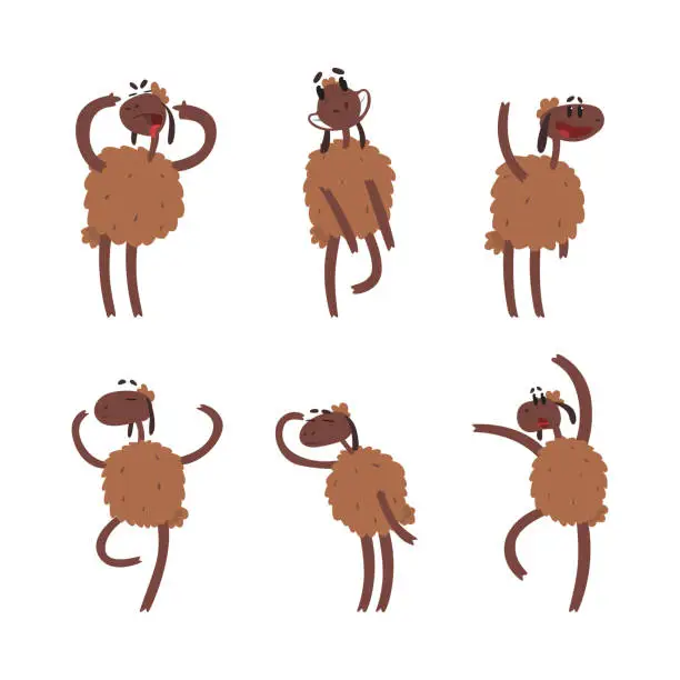 Vector illustration of Funny Brown Sheep Character as Hoofed Animal Engaged in Different Activity Vector Set