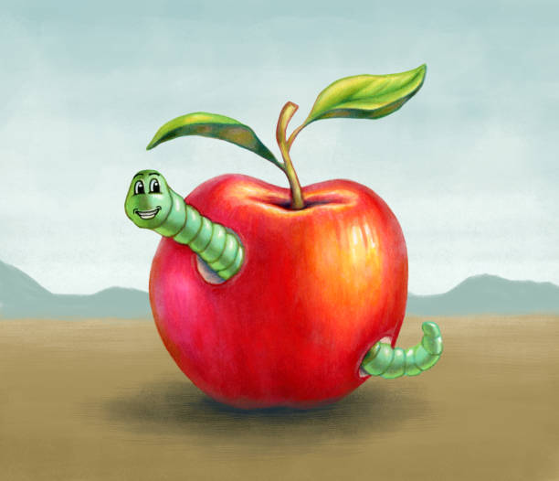 Smiling worm eating a red apple Smiling worm eating a red apple. Mixed media illustration. caterpillar eating apple stock illustrations