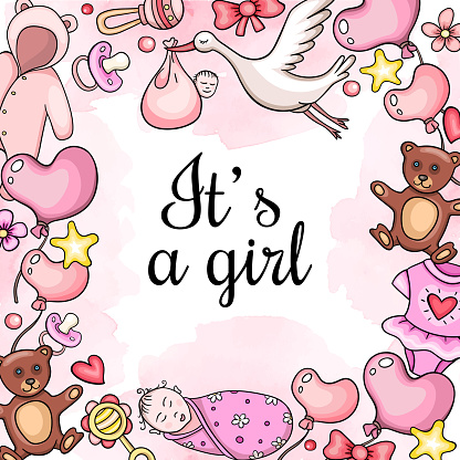 Greeting card It's a girl with cute baby accessory on a pink watercolor background. Baby shower. Vector illustration