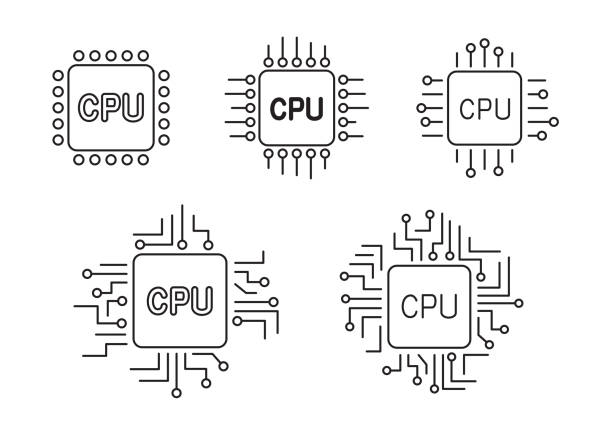 ilustrações de stock, clip art, desenhos animados e ícones de cpu computer outline chip sign icon set - semiconductor computer wafer computer chip silicon