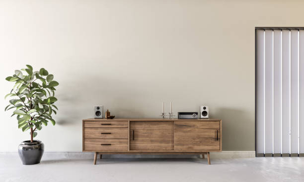 istock light beige concrete mock-up wall with wooden console and decoration, modern interior, negative copy space above, 3d rendering, 3d illustration 1455584307
