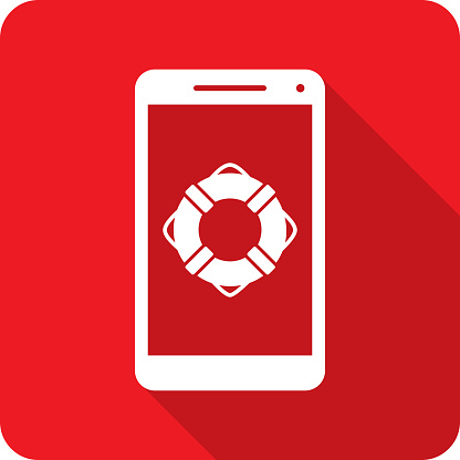 Vector illustration of a smartphone with lifesaver icon against a red background in flat style.