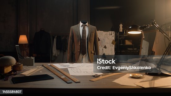 istock Mannequin with tailored suit in luxury atelier 1455584807