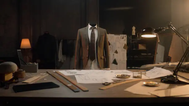 Mannequin with tailored shirt, tie and jacket in luxury designer atelier or tailoring studio. Table with tools, drawings and sketches of future clothes. Fashion, hand craft and couturier concept.