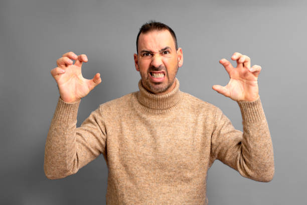 istock Bearded hispanic man wearing turtleneck sweater standing over isolated gray background doing cat claw gesture, aggressive expression. 1455585500