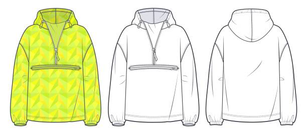 illustrations, cliparts, dessins animés et icônes de conception de mode à capuche unisexe. ensemble de hoodie sweatshirt mode modèle de dessin technique plat, zip-up, vue avant et arrière, blanc, femme, homme maquette cad. - brise vent