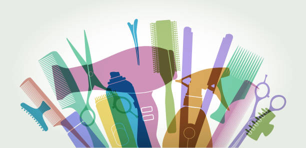 Hairdressing equipment Colourful overlapping silhouettes of hairdressing equipment. Hair, hairdresser, haircut, stylist, scissors, comb, hair brush, salon, beauty, hair dryer, hair posters for salon stock illustrations