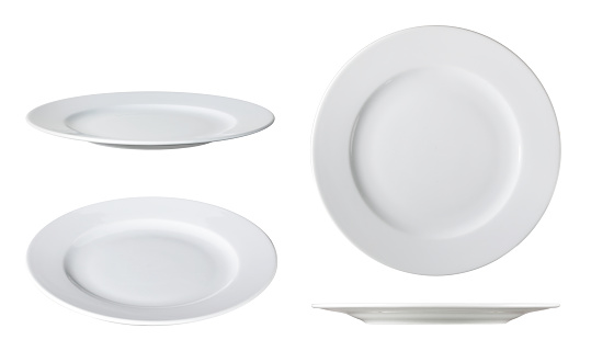 white dinner plates on white background with clipping path different angles