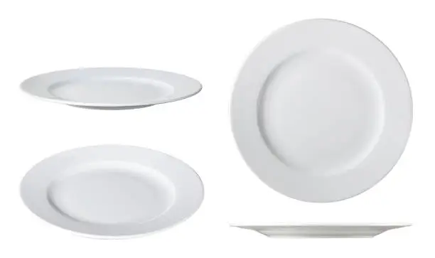 Photo of white dinner plates on white with clipping path different angles