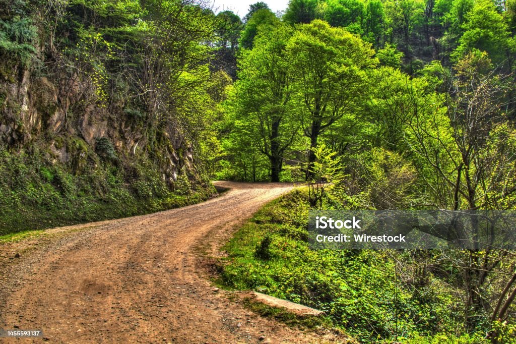 Beautiful shot of a dirt road in mountains in Lahijan, Iran A beautiful shot of a dirt road in mountains in Lahijan, Iran Alley Stock Photo