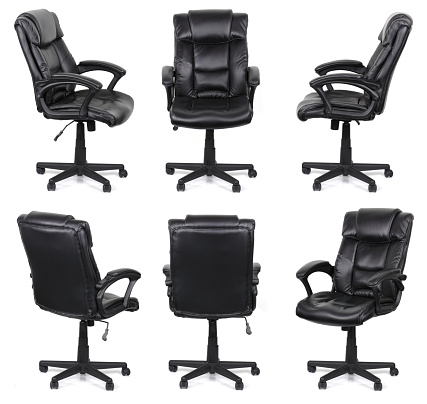 Office chairs. Six angles of black leather office chairs on white with clipping paths