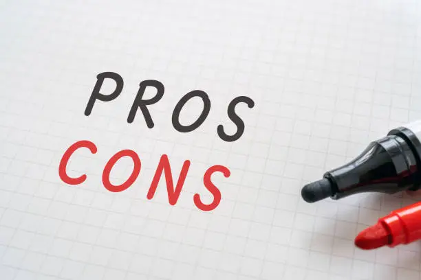 White paper written "PROS CONS" with markers.