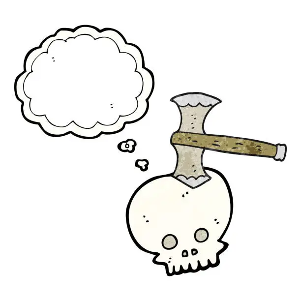 Vector illustration of freehand drawn thought bubble textured cartoon axe in skull