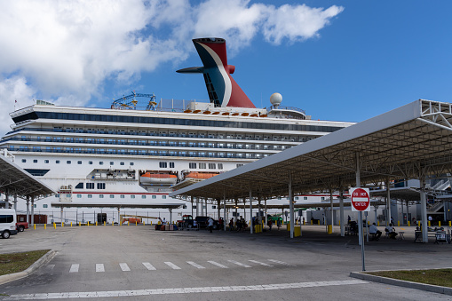 Miami, Fl, USA - January 2, 2022: Carnival Freedom cruise terminal in Miami, USA. Carnival Freedom is a Conquest-class cruise ship operated by Carnival Cruise Line.