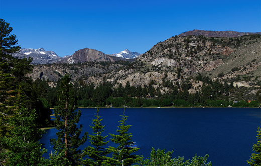 Blue Lake And Sky Eastern California Sierra Nevada Mountains With Green Trees