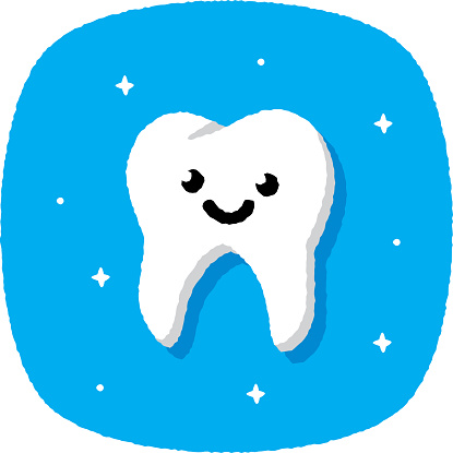 Vector illustration of a hand drawn smiling tooth emoji against a blue background with textured effect.