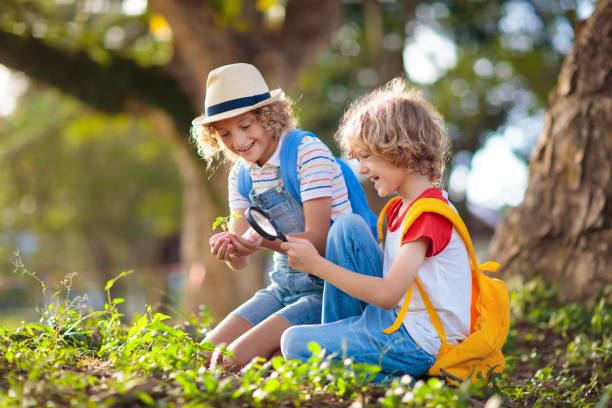 istock Kids explore nature. Children hike in sunny park. 1455607122