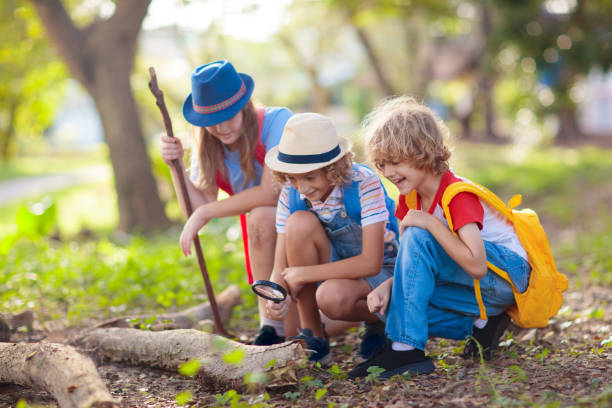 istock Kids explore nature. Children hike in sunny park. 1455607246
