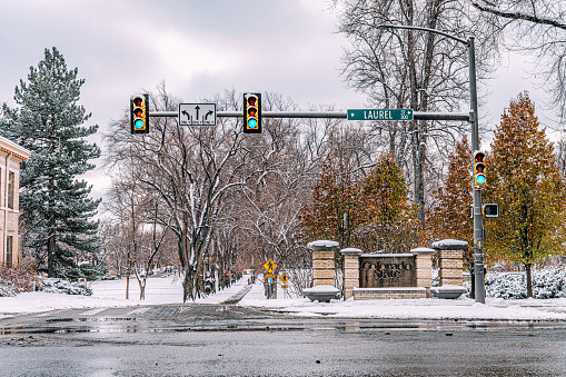Entrance to CSU at the Historical Oval Park at the Corner of Laurel and S Howes on a Snowy Day in Fort Collins, Colorado