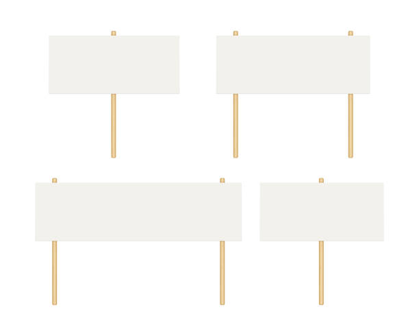 istock Picket banner frame. Blank demonstration banner mock up. Empty protest placard with wooden poles. Realistic politic strike board mockup. Vector illustration isolated on white background 1455610943