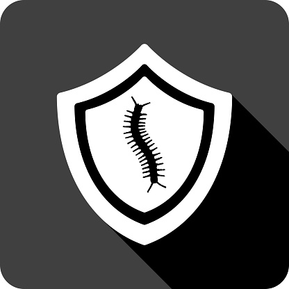 Vector illustration of a shield with centipede icon against a black background in flat style.