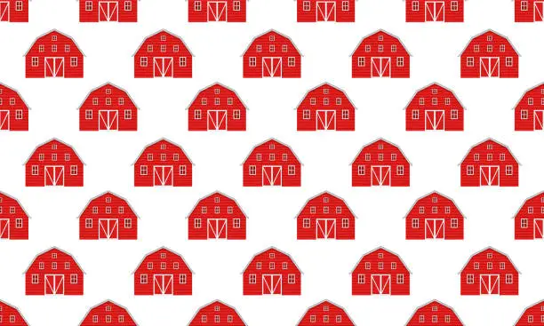 Vector illustration of Red wooden barn seamless pattern. Farm warehouse background. Scrapbooking or wrapped paper design, repeating print. Vector cartoon illustration