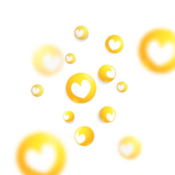 3d vector yellow like icon symbol in ball shape flying in the air social media banner design 3d vector cartoon render social media like symbol design. White heart shape in 3d yellow ball floating in the air digital marketing, promotion ad template illustration. heart emoji phone stock illustrations